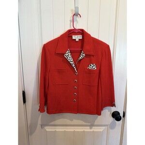 St John Collection Marie Gray Red Santana Knit Jacket Animal Print Size 12